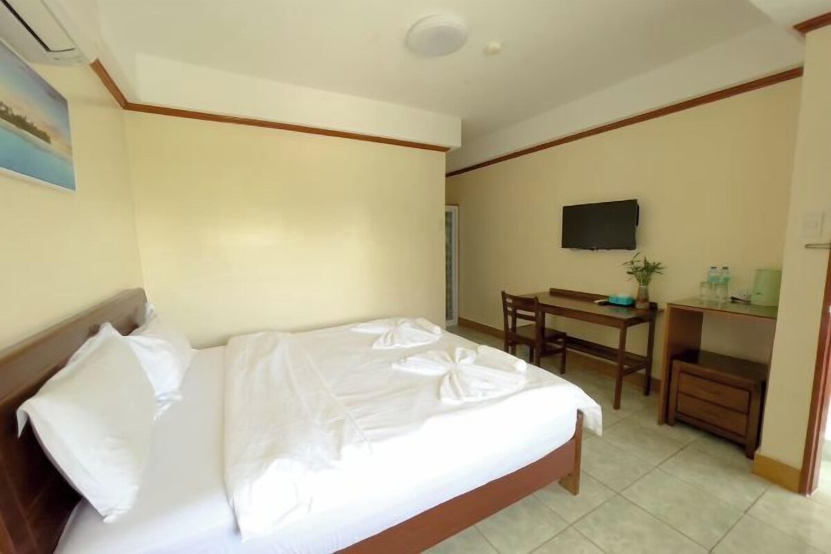 A hotel room with a bed, a desk, a chair, a television, and a small table with a plant and water bottles.