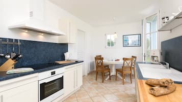 Een koelkast, een oven, een kookplaat, een vaatwasser