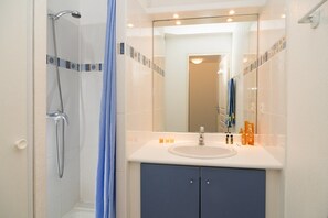 Bathroom features a glass shower enclosure, handheld showerhead, and a sink with a mirror and toiletries.