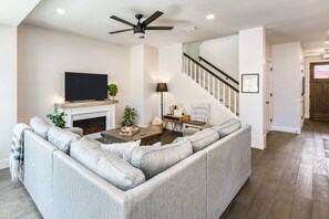 Smart TV, fireplace, books