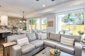 Smart TV, fireplace, books