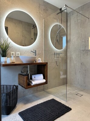 Hair dryer, bidet, towels, soap