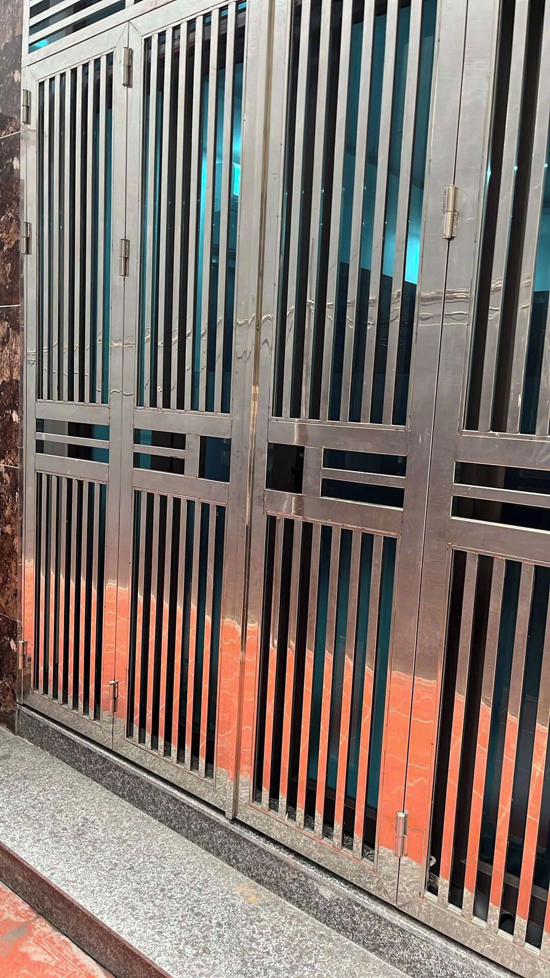 Une grille métallique composée de barreaux verticaux et de traverses horizontales, qui donne probablement accès à l’entrée d’un bâtiment.