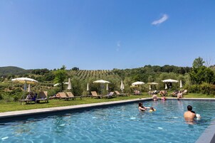 A swimming pool with lounge chairs and umbrellas, surrounded by greenery and hills.