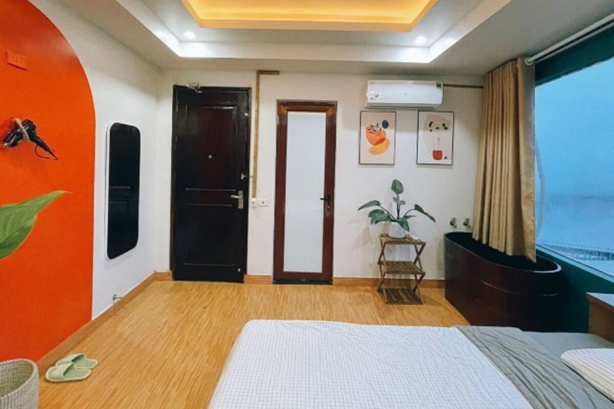 A hotel room with a bed, a small table with a plant, a window with curtains, and a door.