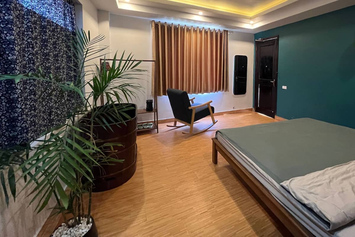 A modern hotel room with a bed, a rocking chair, a large potted plant, and a view of the outdoors through a window with curtains.