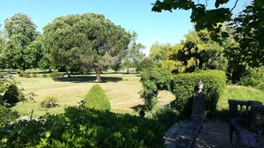 A well-maintained garden with a variety of trees and shrubs, a stone bench, and a gravel path. - A haven of tranquillity on the banks of the Dordogne River (Fronsac)