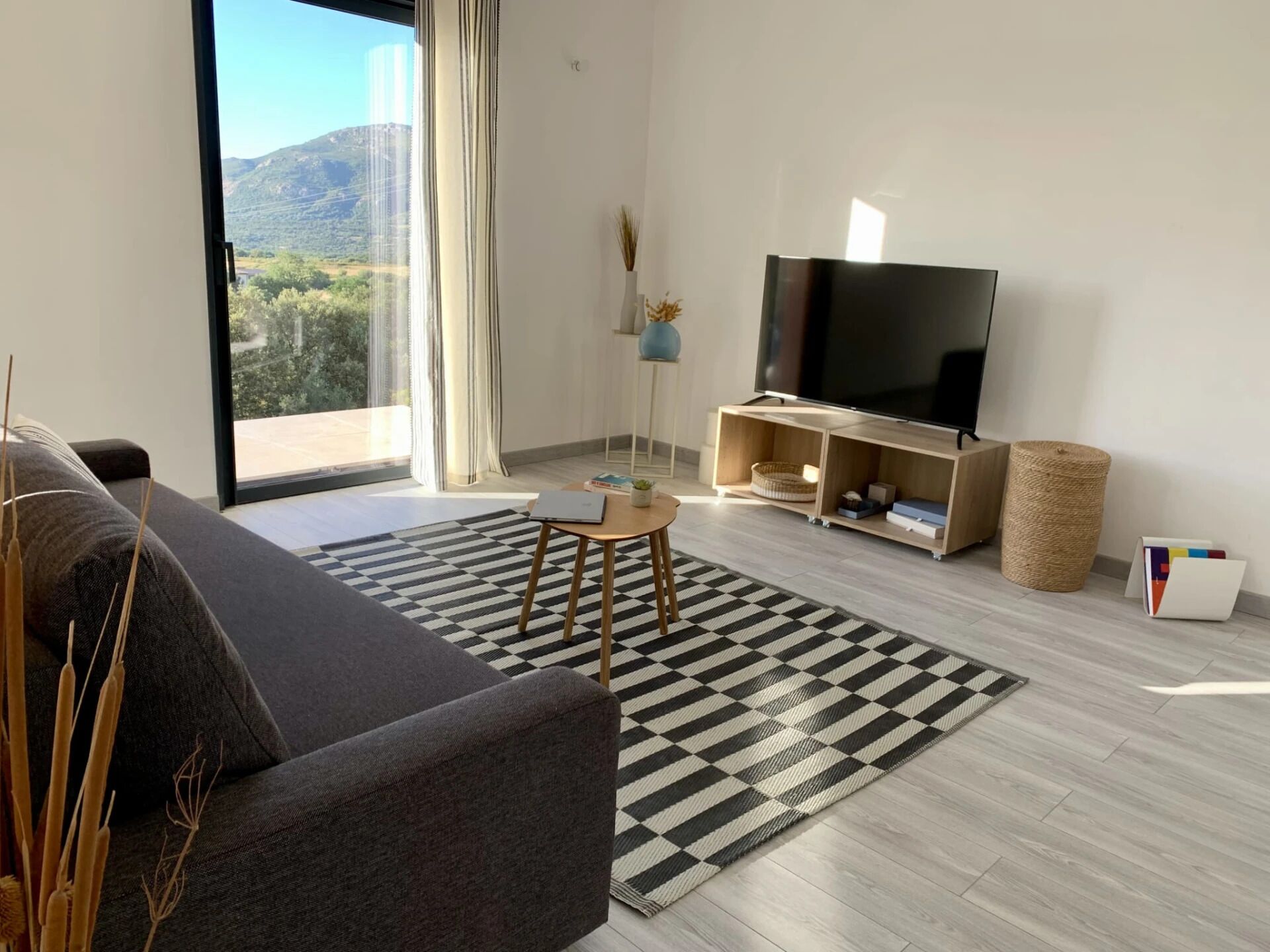 A modern living room with a large flat-screen TV, a sofa, a small table, and a checkered rug.