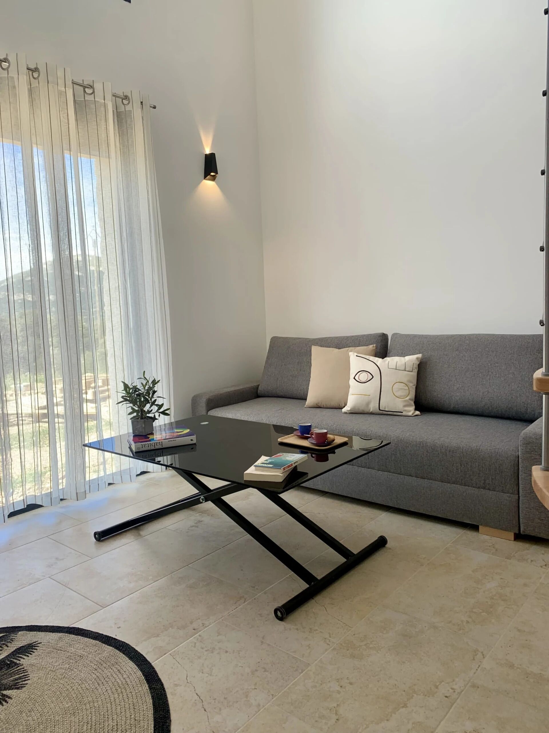 Una sala de estar moderna con un sofá gris, una mesa de centro de vidrio y una planta en maceta.