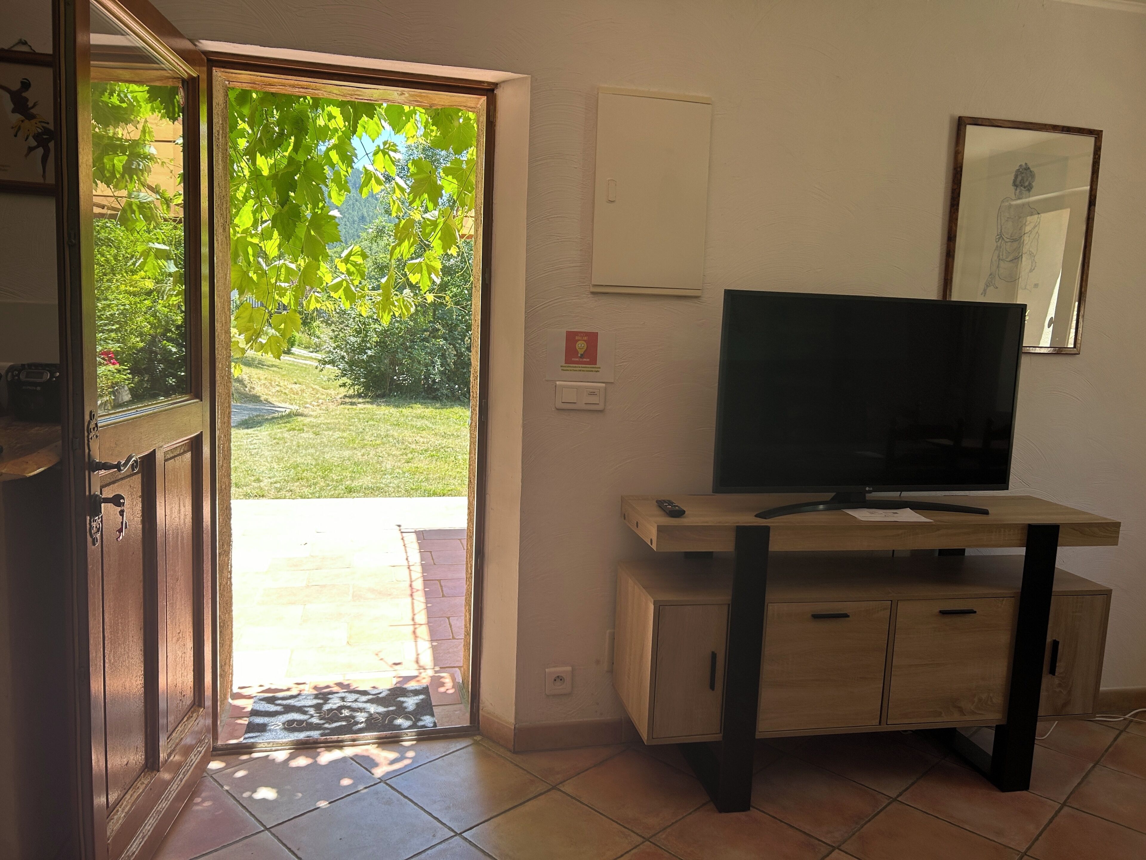 Une pièce avec un meuble en bois, un téléviseur posé sur un meuble, et une porte donnant sur un jardin.
