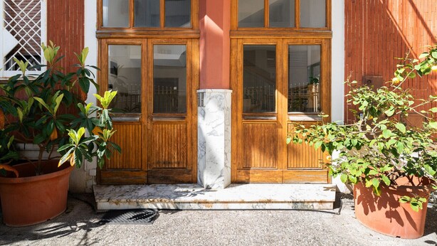 A wooden door with glass panels, flanked by potted plants.