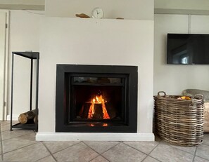 A fireplace with logs, a TV mounted on the wall, and a wicker basket on the floor.