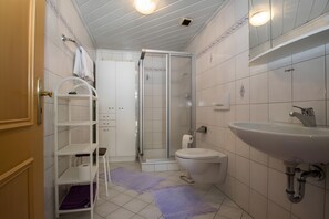 Shower, hair dryer, towels