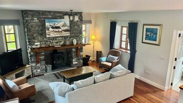 Una Smart TV, una chimenea, un reproductor de DVD, libros