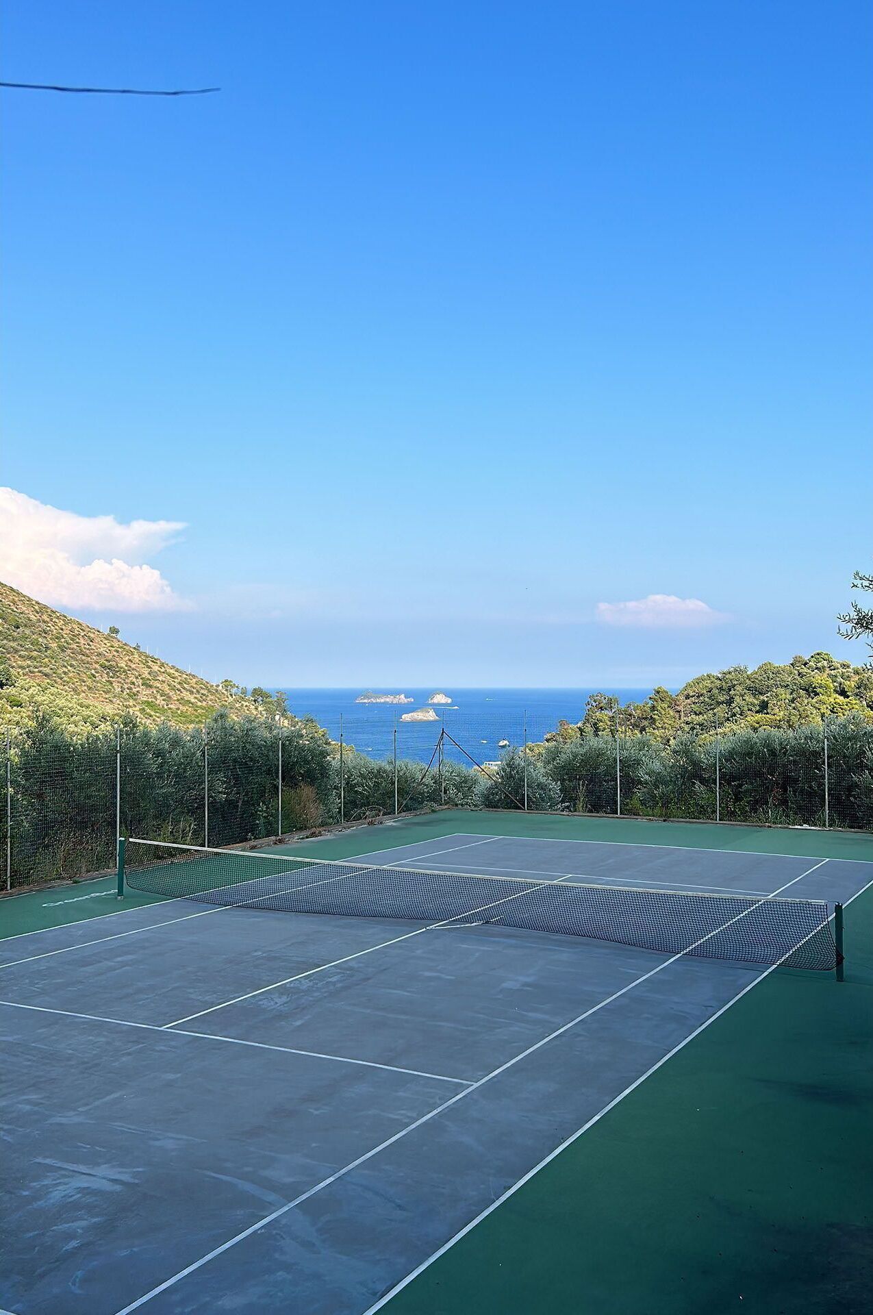 En tennisbane med net, omgivet af et grønt hegn og træer, med udsigt over vand og bakker.