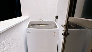Une pièce de taille modeste, avec un lave-linge blanc, une petite fenêtre et un plancher en bois.