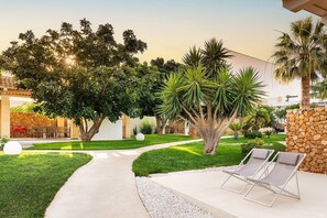 A well-maintained outdoor area with a pathway, lounge chairs, and various trees.