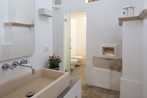 A bathroom with a beige sink, a mirror, a shower, and a toilet. There is a small plant on the sink and a white door leading to another room. - My Rental Homes - Villa Salentina with private pool and large private garden (Cutrofiano)
