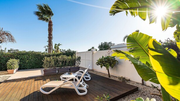 Una terraza de madera con sillones de descanso, rodeada de plantas tropicales y una palmera.