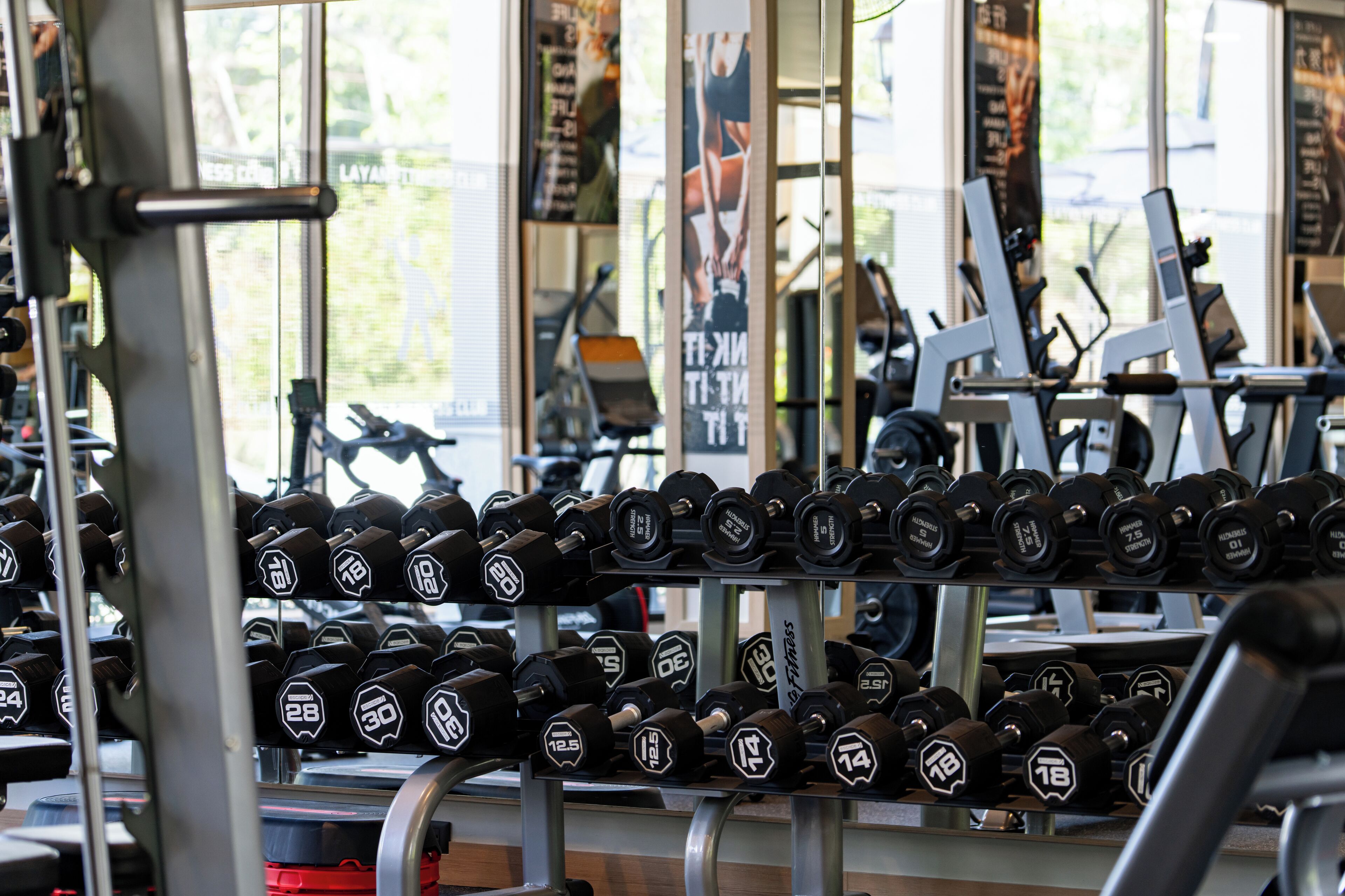 A gym with various exercise equipment and dumbbells organized on racks.
