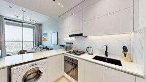 Fridge, microwave, oven, stovetop - Binghatti Onyx - Upgraded One Bedroom in JVC (Jumeirah Village Circle)