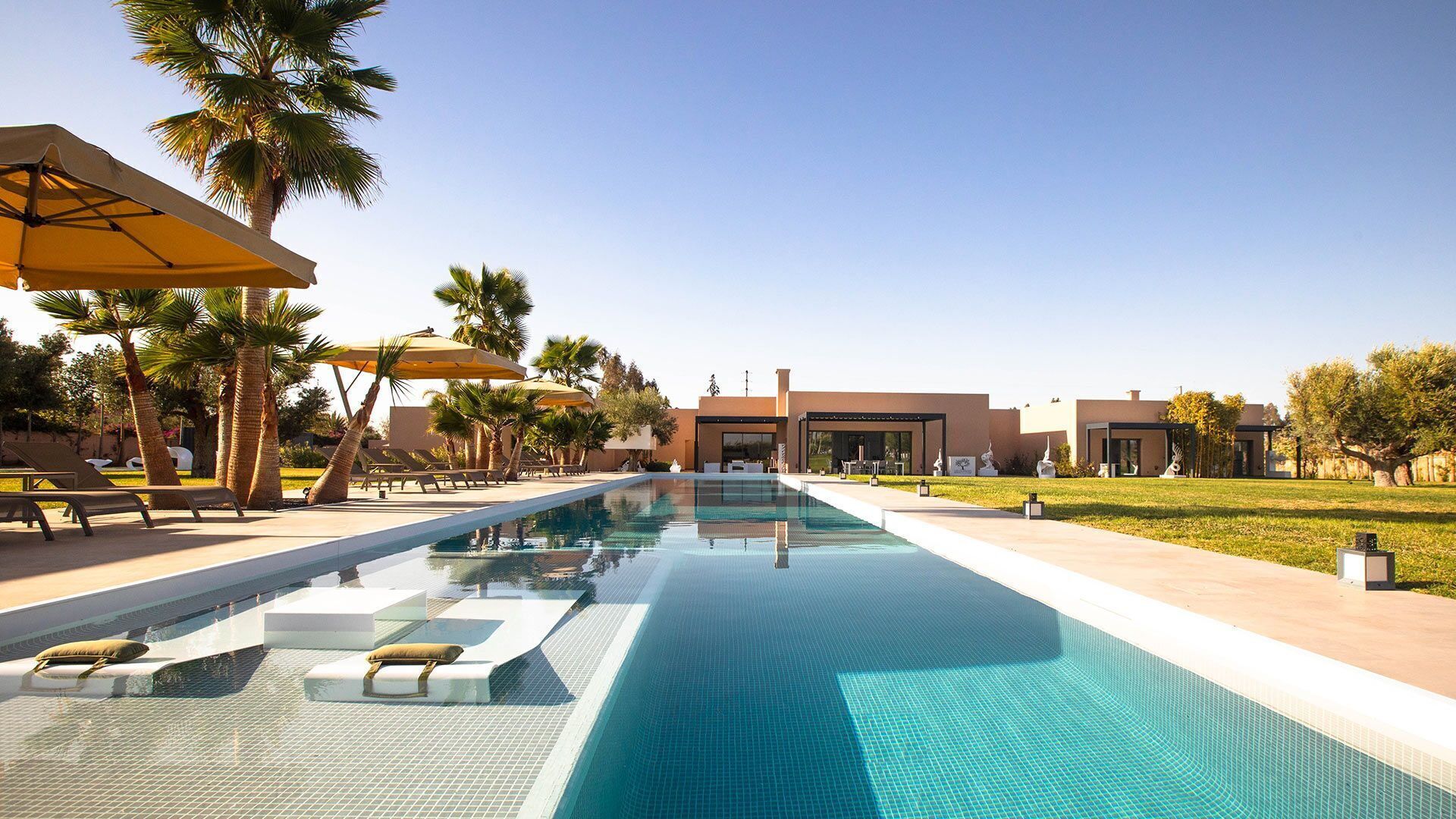 A swimming pool with lounge chairs and umbrellas, surrounded by palm trees and modern buildings.