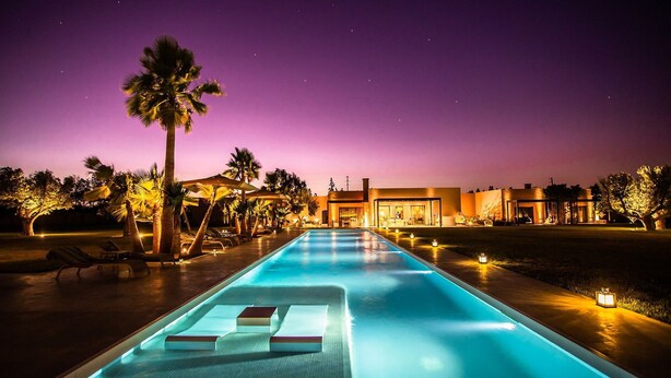 Ein Pool mit Liegestühlen und Sonnenschirmen, umgeben von Palmen und einem modernen Gebäude mit großen Fenstern.