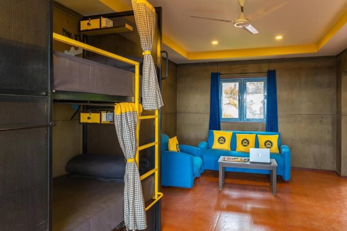 A room with bunk beds, a blue sofa set, a laptop on a table, and a window with blue curtains.