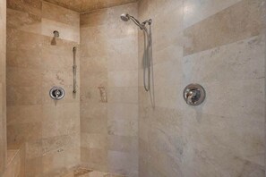 Shower, hair dryer, shampoo