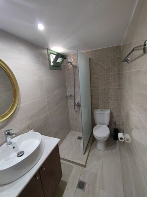 Shower, hair dryer, towels, toilet paper