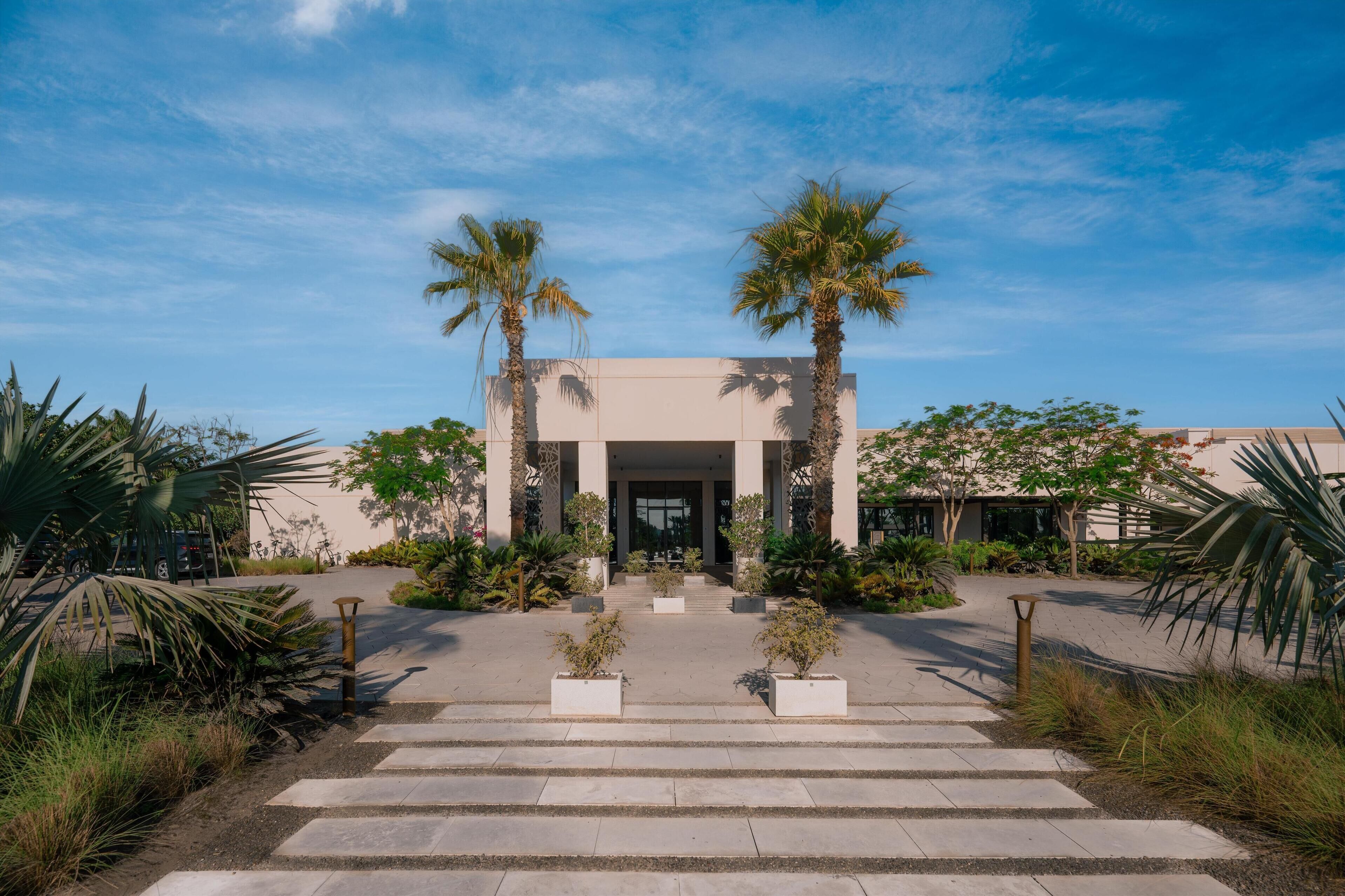 A building with a symmetrical facade, palm trees, and a paved entrance with steps leading to a door.
