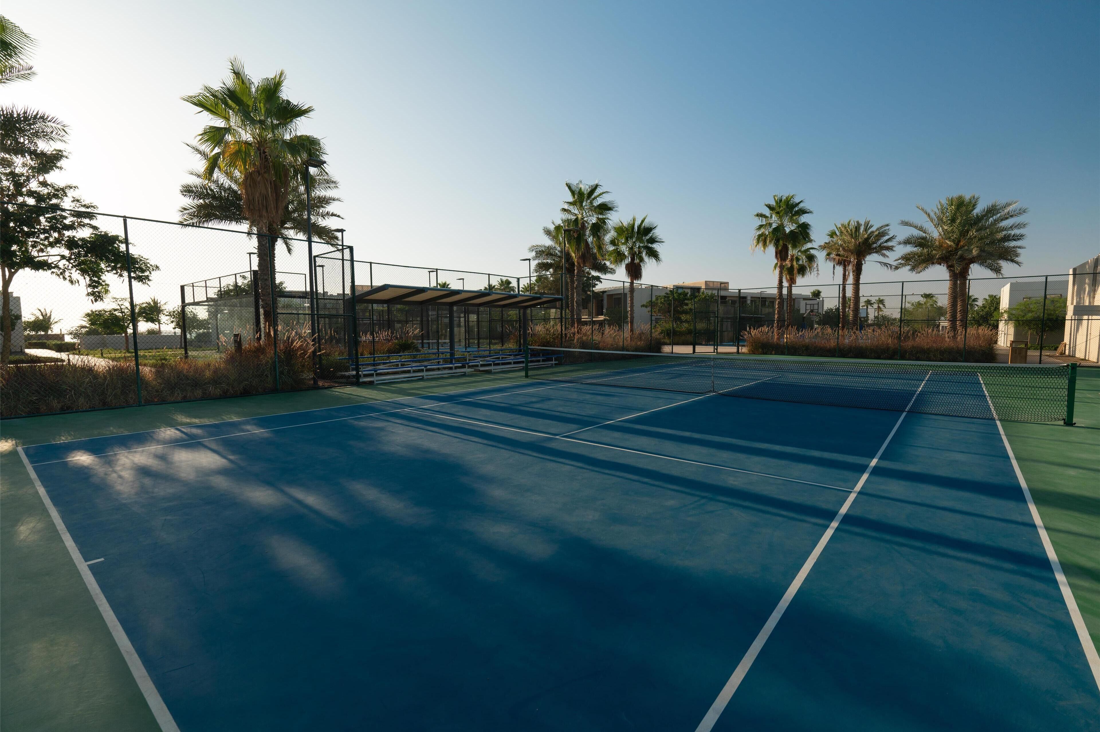 An outdoor tennis court with a net, surrounded by palm trees and a fence.