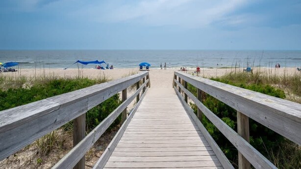 A wooden boardwalk leading to a beach with blue umbrellas and people. - Lone Star Breeze (Carolina Beach)