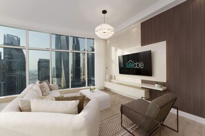 A modern living room with a large window, a sofa, a coffee table, a TV, and a city view. - Exquisite 2-Bedroom with Panoramic Marina view (Dubai)