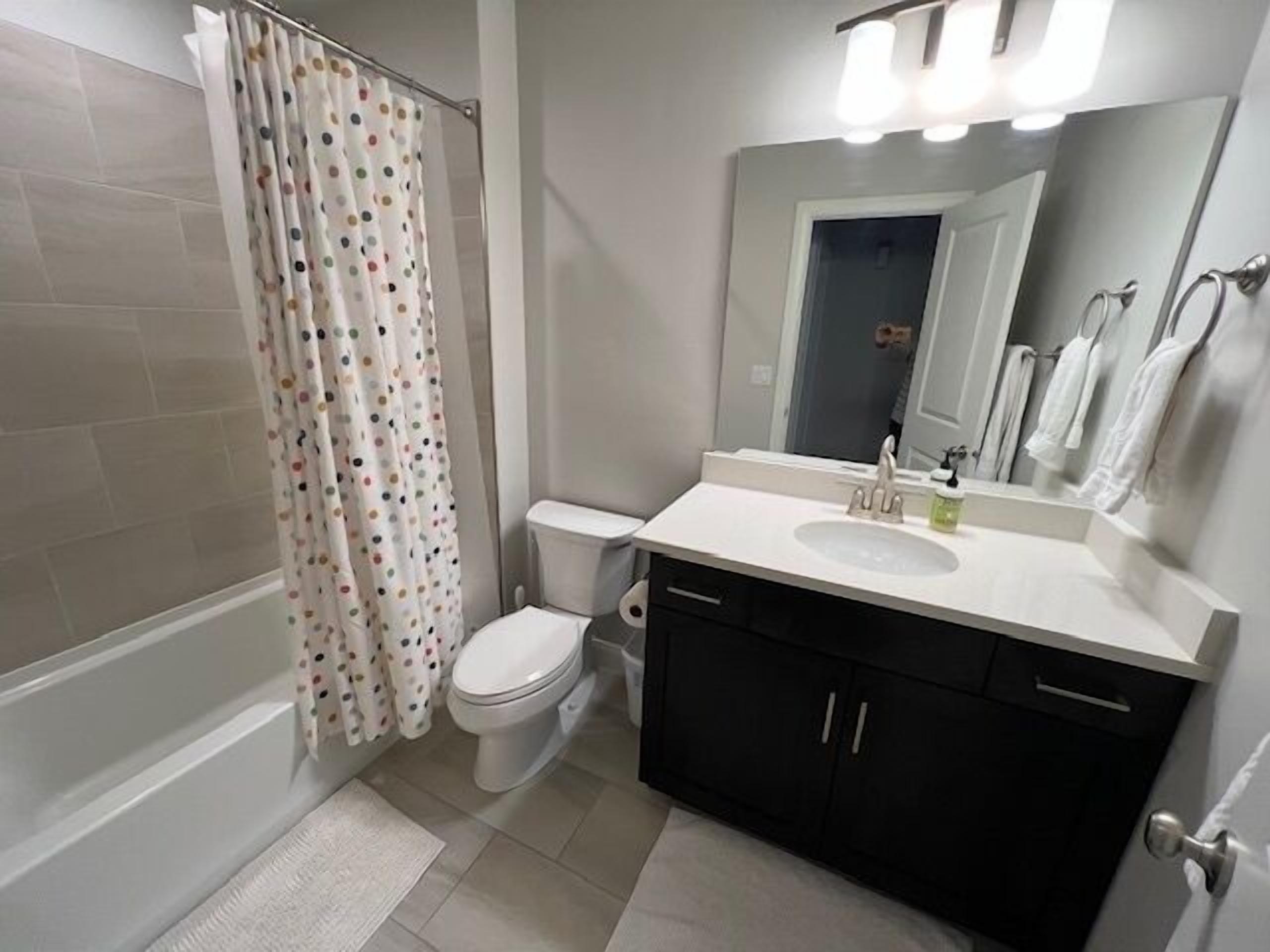 Une salle de bain équipée de toilettes, d’un rideau de douche, d’un lavabo et d’un miroir.