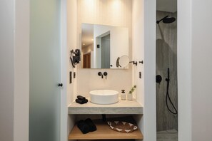 Superior Double Room, Sea View, Beachside | Bathroom | Shower, rainfall showerhead, hair dryer, bathrobes - Phaistos Suites (Naxos)