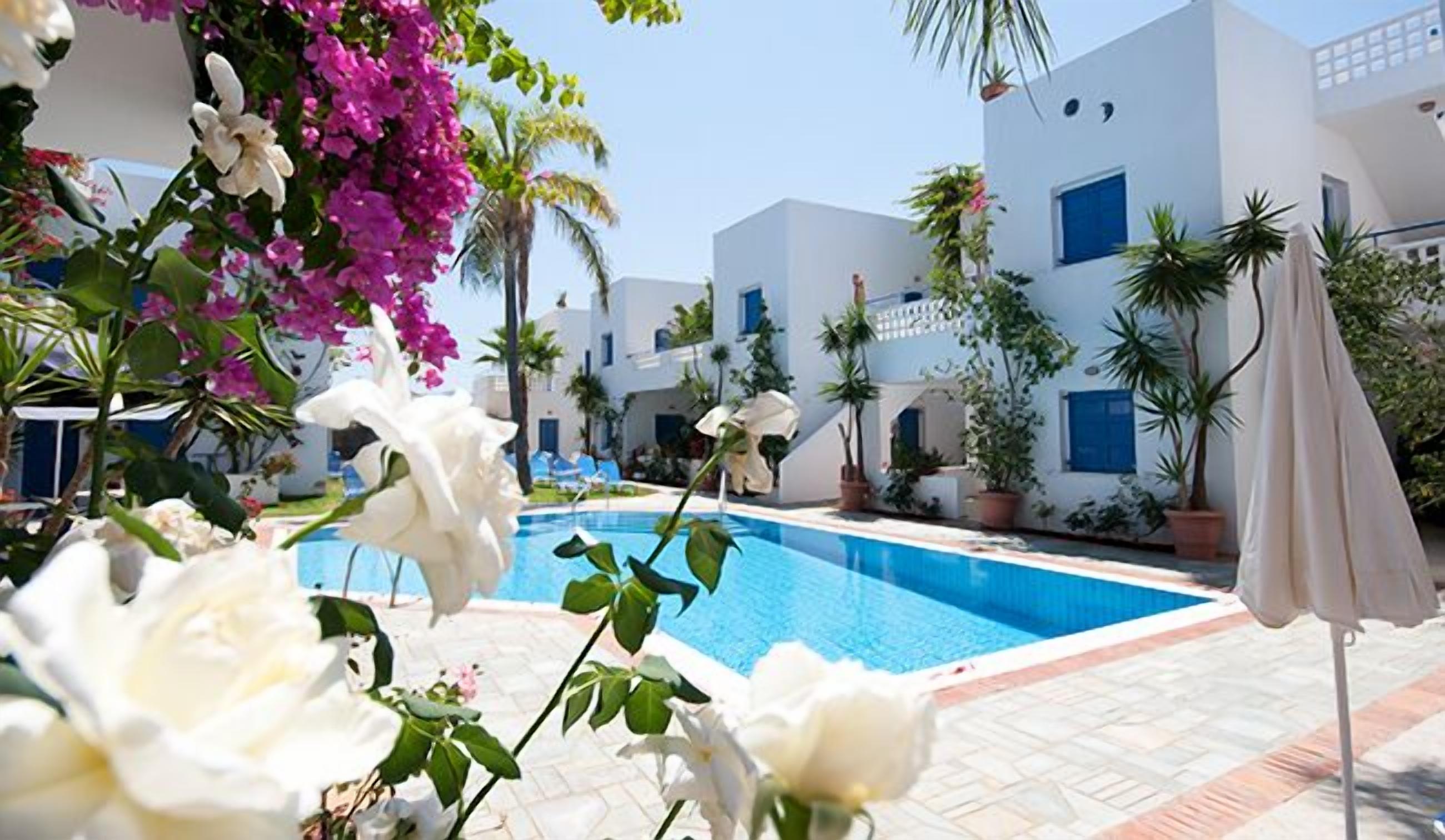 A pool area with white buildings, palm trees, and flowers.