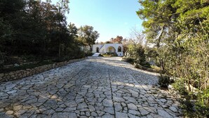 Un chemin de pierres mène à un bâtiment blanc orné d’arcades, entouré d’arbres et de verdure.