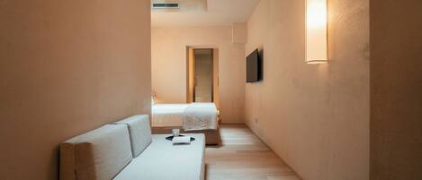 A narrow hallway with a sofa and a bed, a flat-screen TV mounted on the wall, and a skylight above.