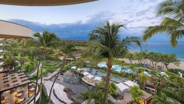 Un resort con piscina, palmeras y vista al océano.