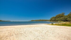 Una playa con agua azul cristalina, orilla de arena y árboles verdes frondosos al fondo.