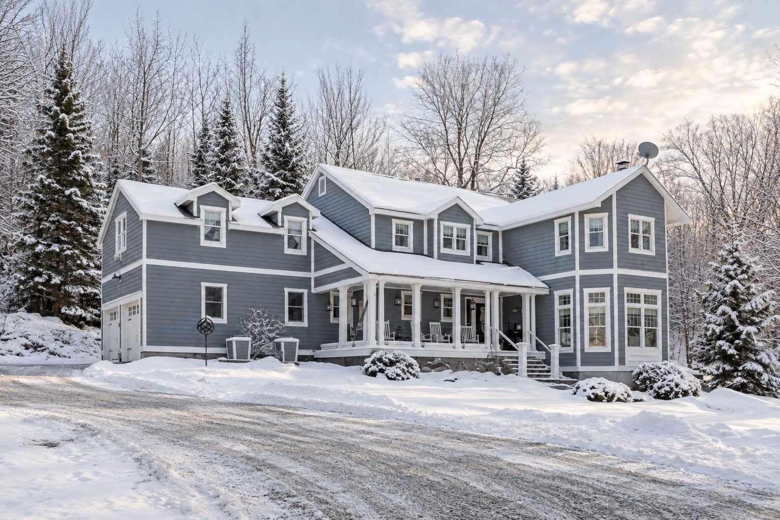 Ein zweistöckiges Haus mit Veranda und Garage, umgeben von schneebedeckten Bäumen.