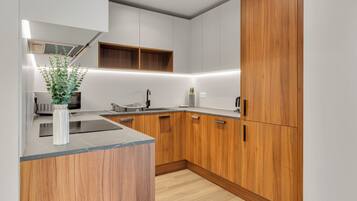 Signature Apartment, 1 Queen Bed, Pets Allowed, City View | Private kitchen | Full-size fridge, microwave, oven, stovetop