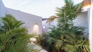A modern outdoor space with white walls, palm trees, and built-in lighting.