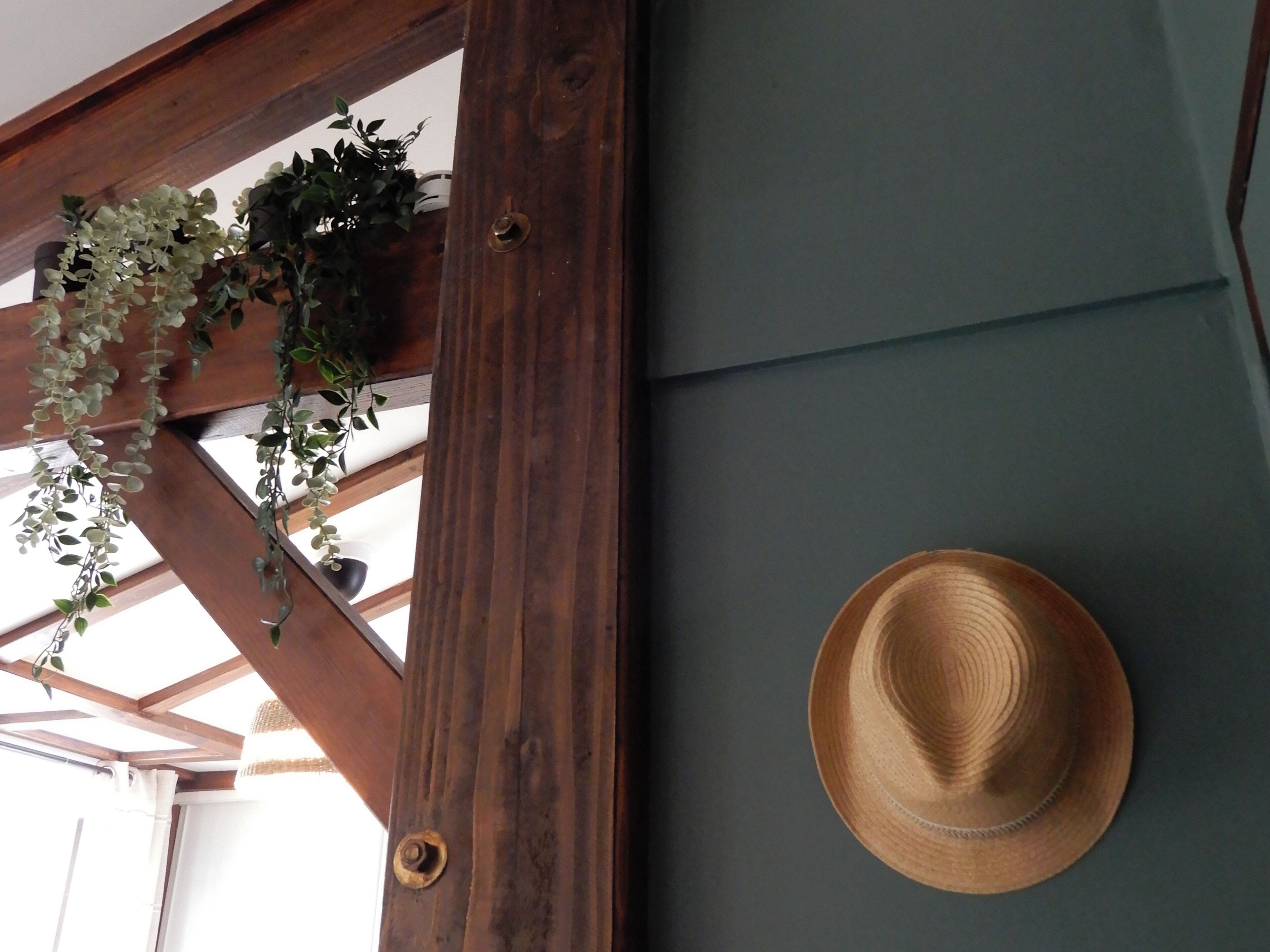 Estructura de techo de madera con plantas colgantes y un sombrero de paja en una pared.
