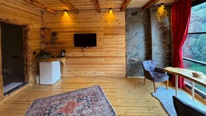Un interior de madera con pared de piedra, un televisor, una mesa de comedor y una silla.