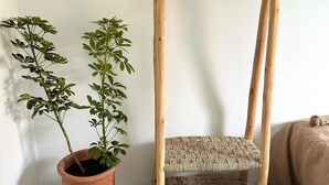 A wooden chair with a woven seat and backrest, a terracotta pot with a plant, and a wooden hanger stand against a white wall. - Dar Al-Andalus (Tamraght)