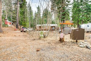 Surrounded by tall pine trees, this campground offers a range of accommodations, including cabins and RVs, with designated parking areas.