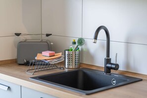 A modern kitchen with a black sink, a small wire rack, a green bottle, and a pink sponge.