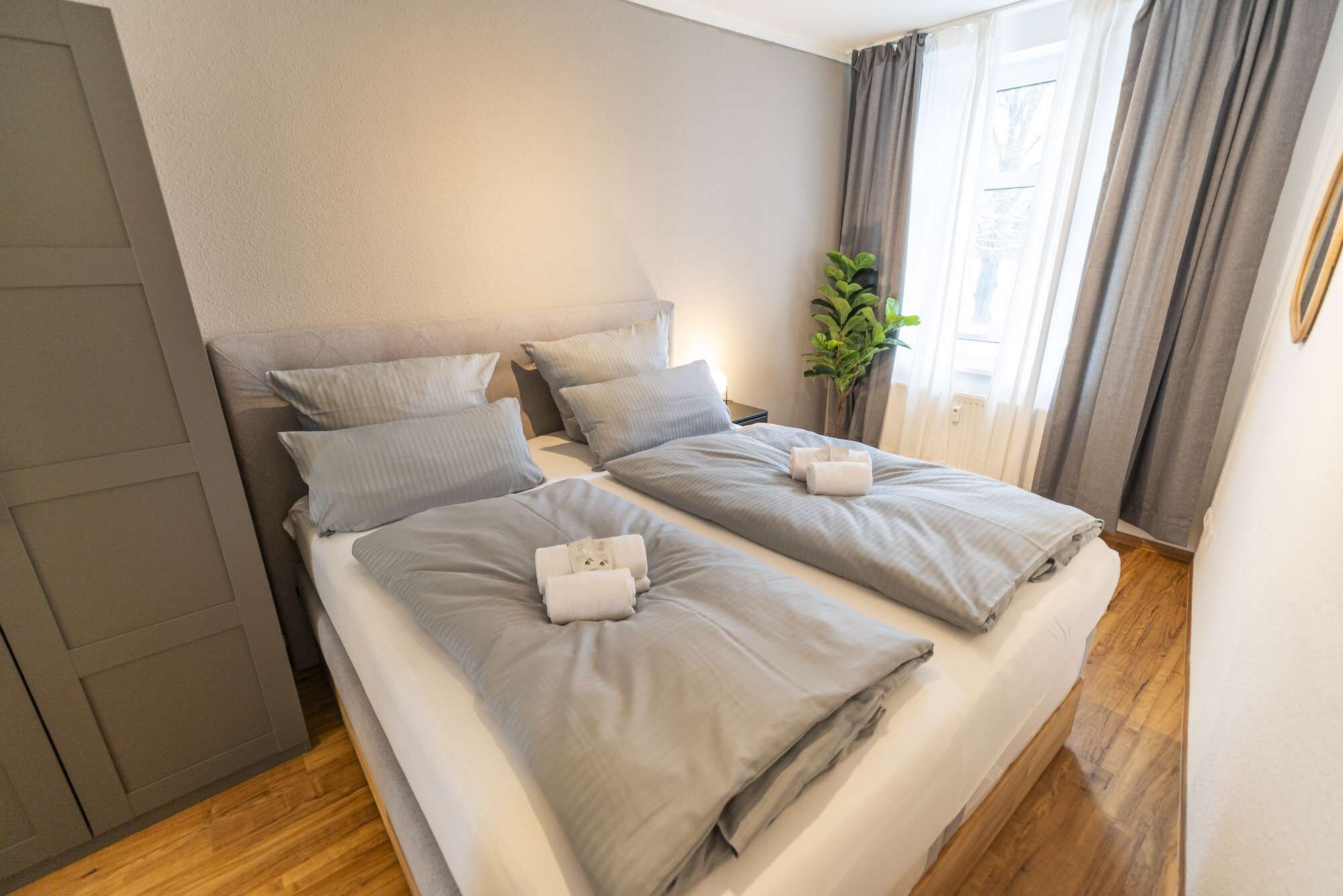 Un lit double avec une literie grise et deux oreillers, une table de chevet, une plante et une fenêtre avec des rideaux.